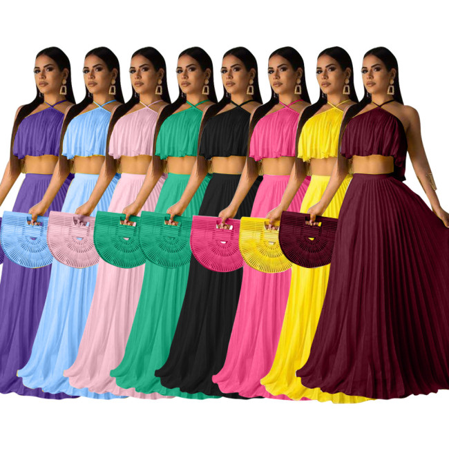 Pleated Halter Crop Top and Long Skirt Matching Set