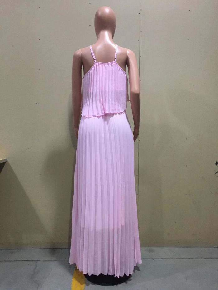 Pleated Halter Crop Top and Long Skirt Matching Set