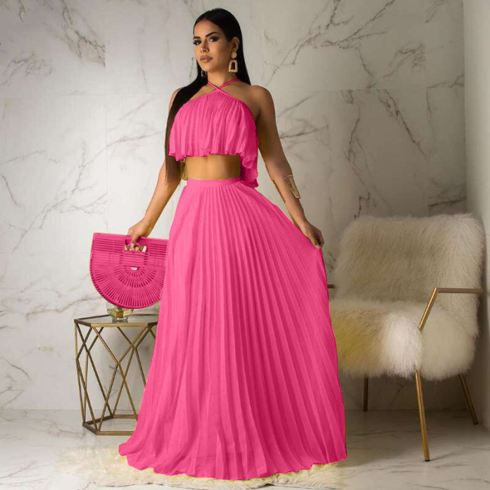 Pleated Halter Crop Top and Long Skirt Matching Set