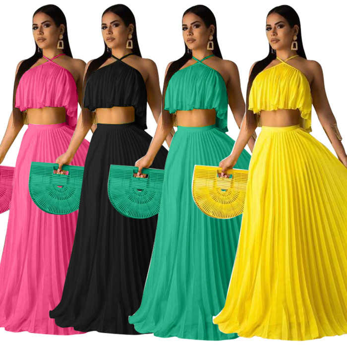 Pleated Halter Crop Top and Long Skirt Matching Set