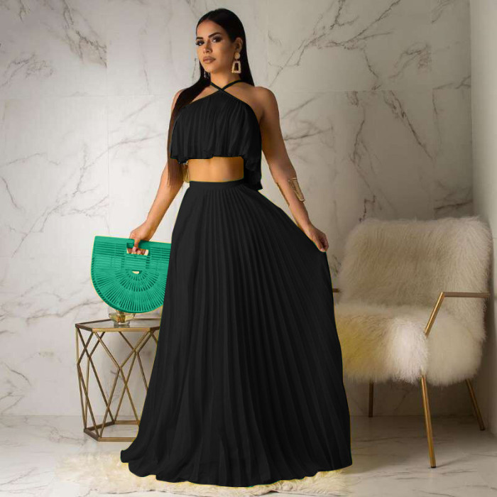 Pleated Halter Crop Top and Long Skirt Matching Set