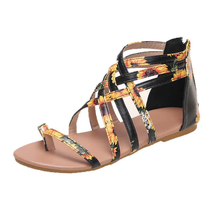 Woven Cross Strap Back Zipper Clip Toe Flat Sandals