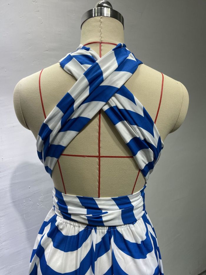 Summer Striped Halter Neck High Waist Slit Maxi Dress