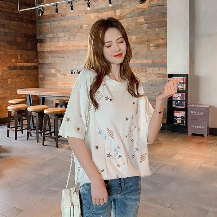 Cotton Loose Embroidery Short Sleeve T-shirt