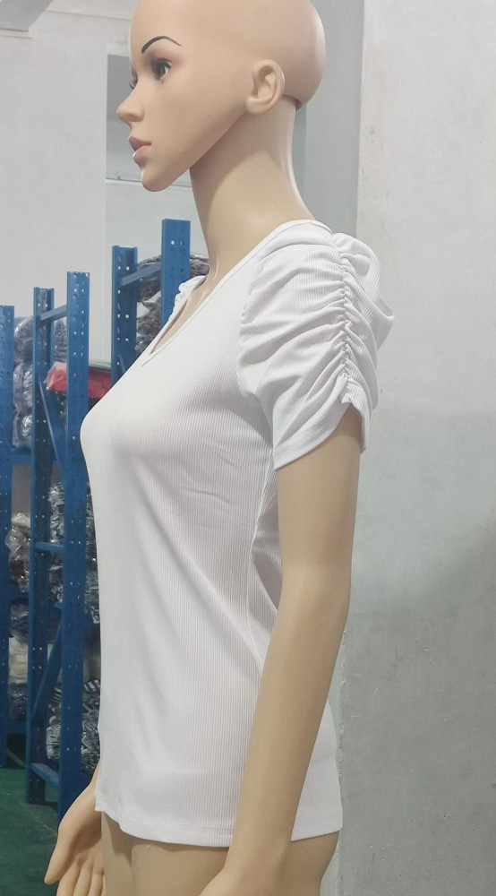 Thread Pullover Bubble Sleeve V-neck Short Sleeve T-shirt