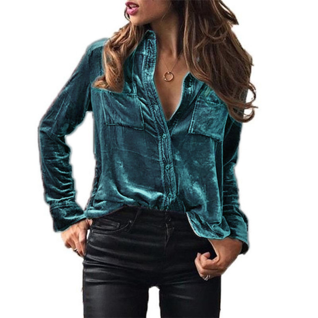 Velvet Solid Color Long Sleeve Single Breasted Shirt For Women