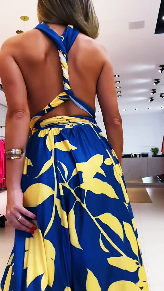 Women's Summer Print Halter Neck Low Back High Waist Slit Maxi Dress