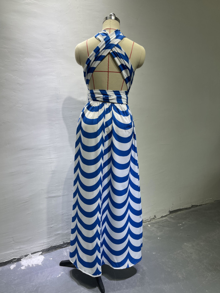 Summer Striped Halter Neck High Waist Slit Maxi Dress