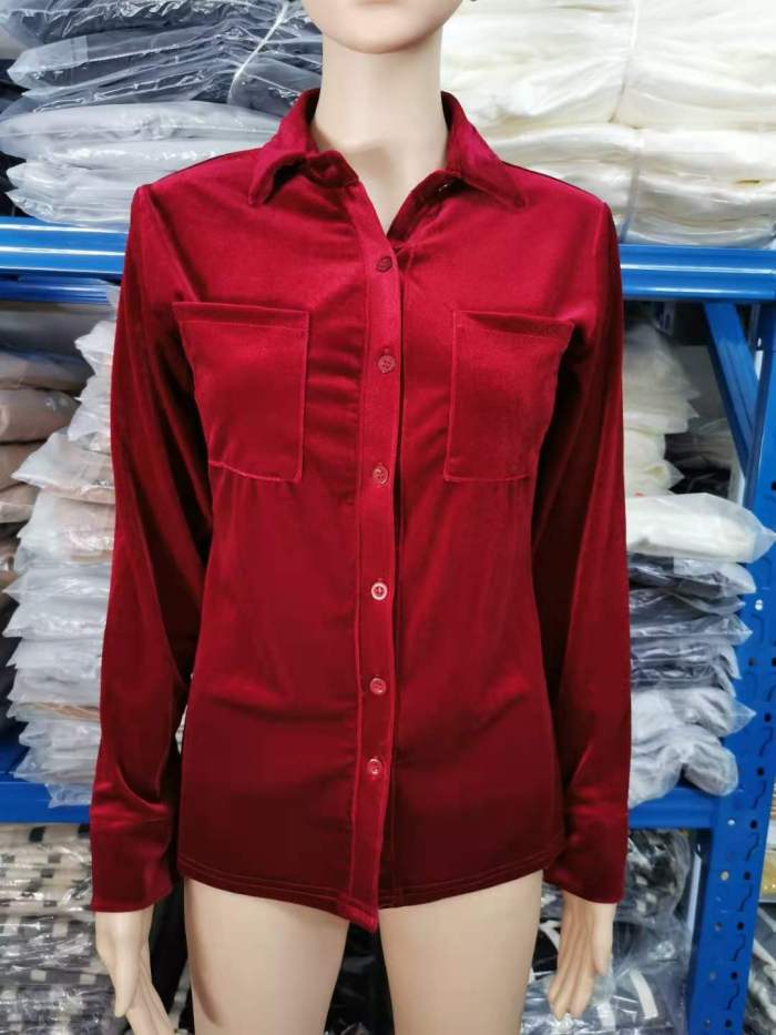 Velvet Solid Color Long Sleeve Single Breasted Shirt For Women