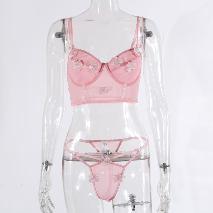 Pink Embroidery Mesh Girl Sexy Suit