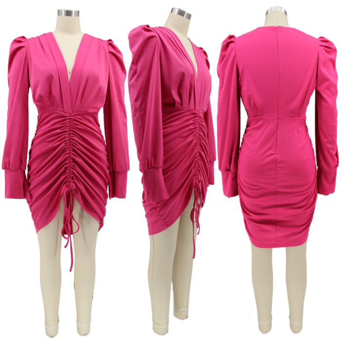 Solid Color Pull Wrinkle Hip Wrap Women's Dress