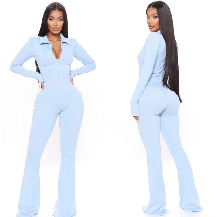 Women Clothes Fall Winter Fashion Solid Long Sleeve Ribbed Zip Solid Jumpsuit