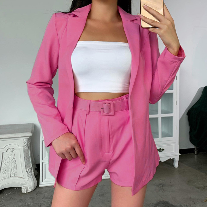 Autumn Solid Color Suit and Shorts Set (With Belt)