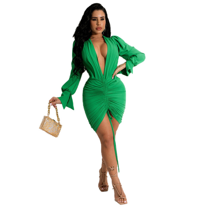 Solid Color Pull Wrinkle Hip Wrap Women's Dress