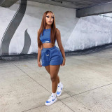 Summer Casual Fashion Solid Color Sleeveless Crop Two Piece Shorts Set 