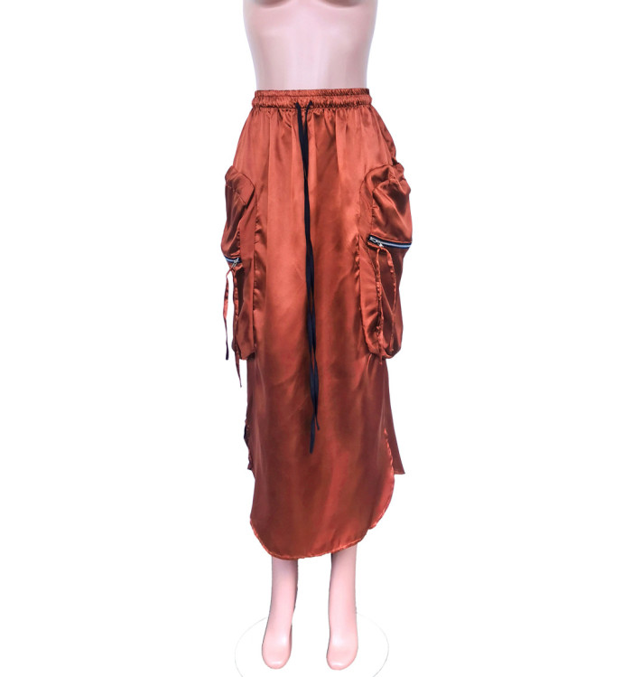 Women's Solid Color Reflective Elastic Waist Large Pocket Loose Skirt