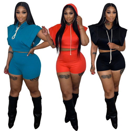 Solid Color Sports Sleeveless Hoodie Two piece Set
