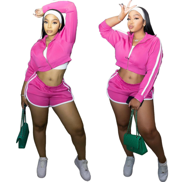 Solid Color Zip Sports Long Sleeved Shorts Two piece Set