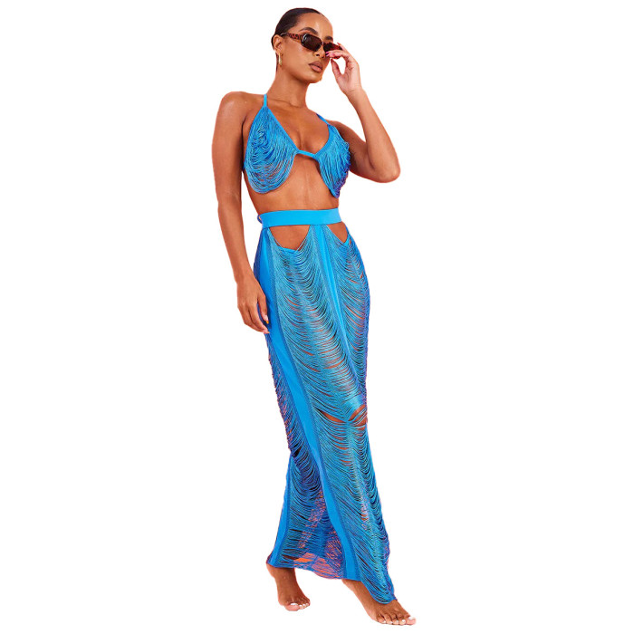 Women Cutout Fringe Beachwear Two-Piece Set