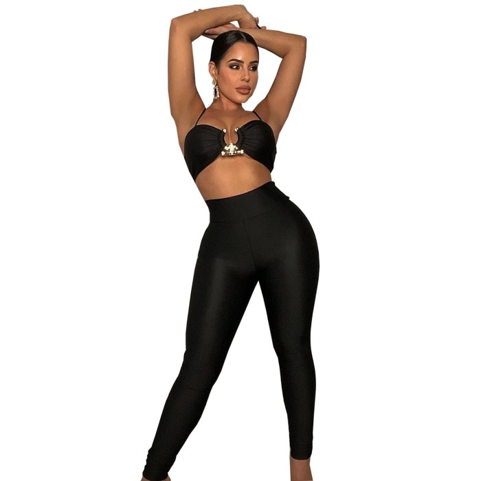 Sexy Solid Color Crop Tank and Pants Two Piece Women's Clothing