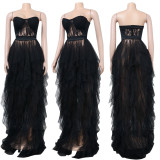 Perspective Mesh Lace Wrap Chest Dress