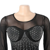 Sexy Black rhinestone Beaded Patch Long Sleeve Jumpsuit