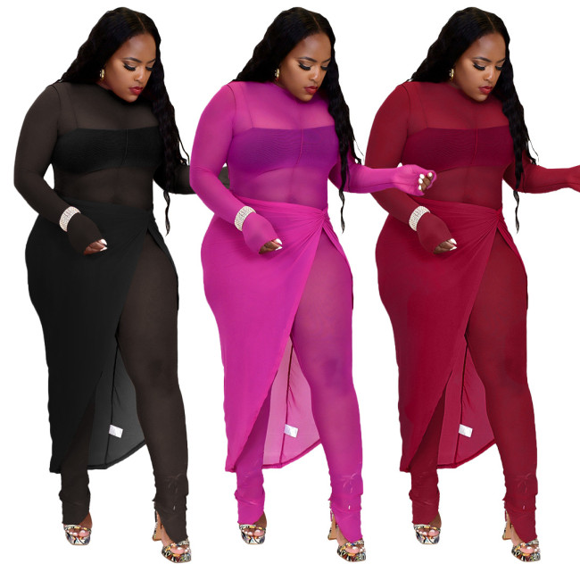 Sexy Mesh Reverse Hem Split Jumpsuit And Skirt Set