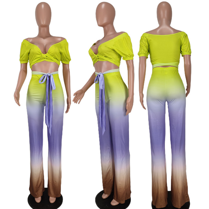 Fashion Gradient Color V-Neck Short Sleeve Top + Pants Two-piece Set