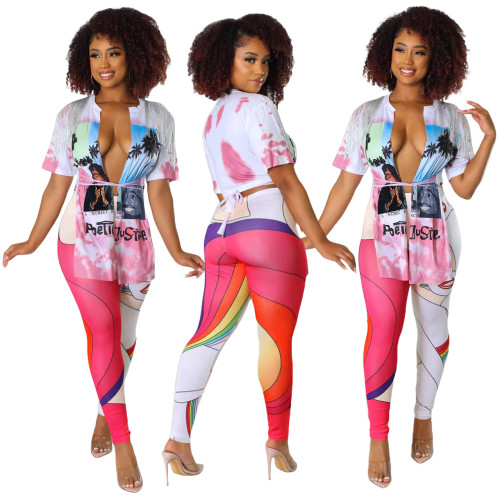 Women Fashion Printed Lace-Up T-Shirt + Printed Pant Two-Piece Set
