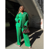 Women Long Sleeve Turndown Collar Button Shirt + Pant Two Piece
