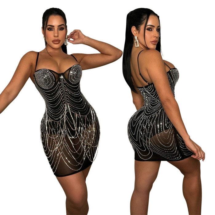 Sexy Nightclub Beaded See-Through Strap Dress