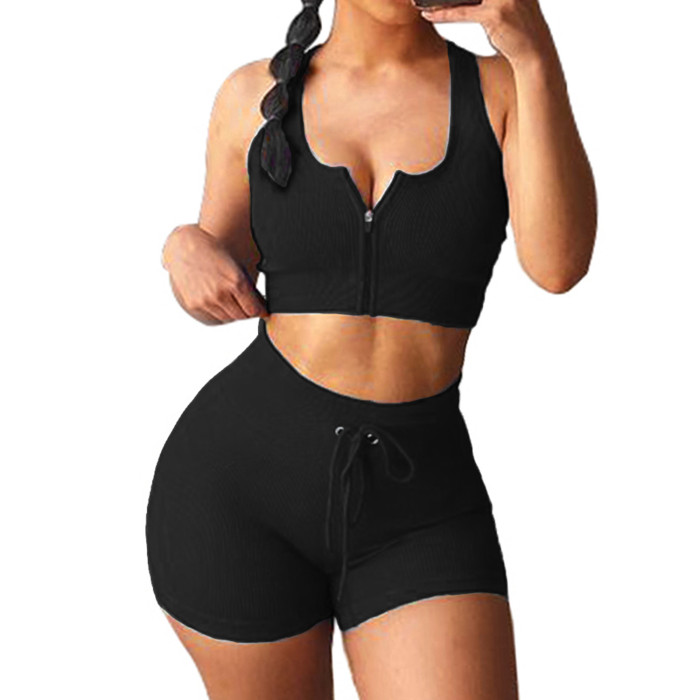 Seamless Ribbed Zipper Sports Top Tight-fitting Sports Bra High Waiste Yoga Shorts Workout Leggings for Women Fitness Yoga Suit