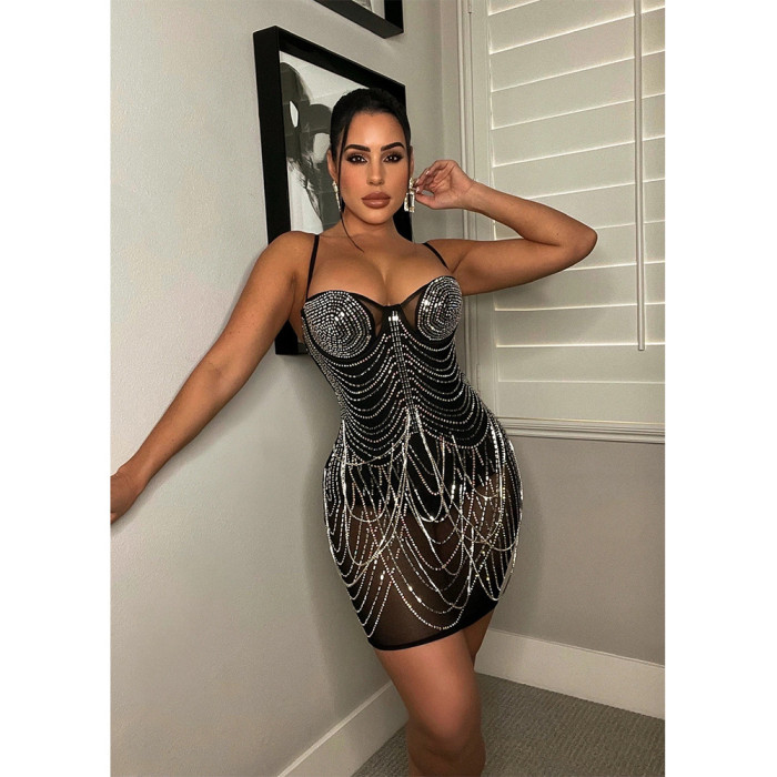 Sexy Nightclub Beaded See-Through Strap Dress