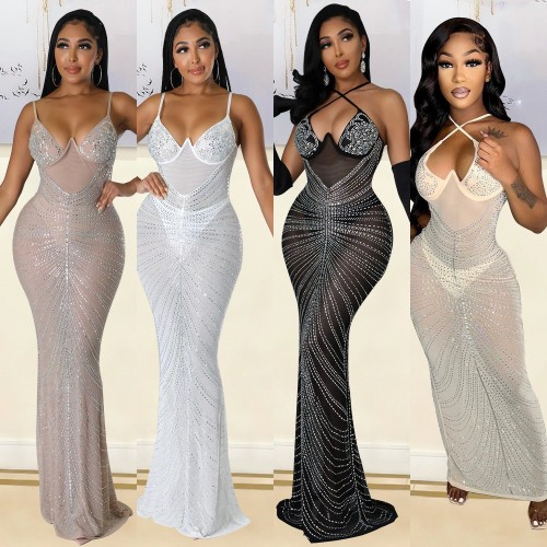 Ladies Sexy Mesh Beaded Nightclub Strap Evening Dress