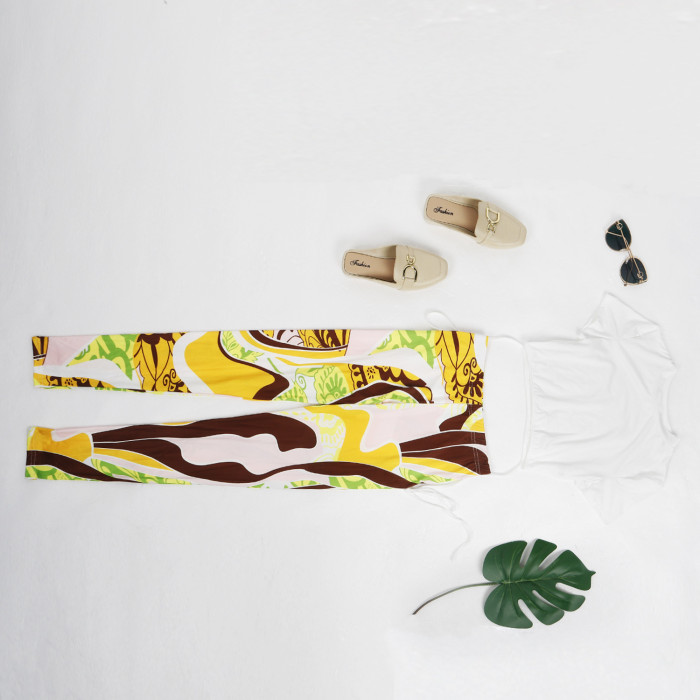 Women Sexy Short Sleeve Top+ Printed Trousers Two-piece Set