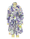 Stand Collar Long Sleeve Printed Shirt Dress