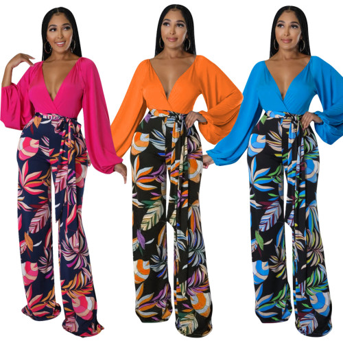 Solid Dark V Top and Printed Slacks Two piece Set