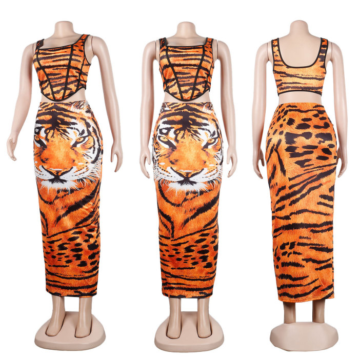 Slim Leopard Print Strap Top Long Skirt Two-Piece Nightclub Suit