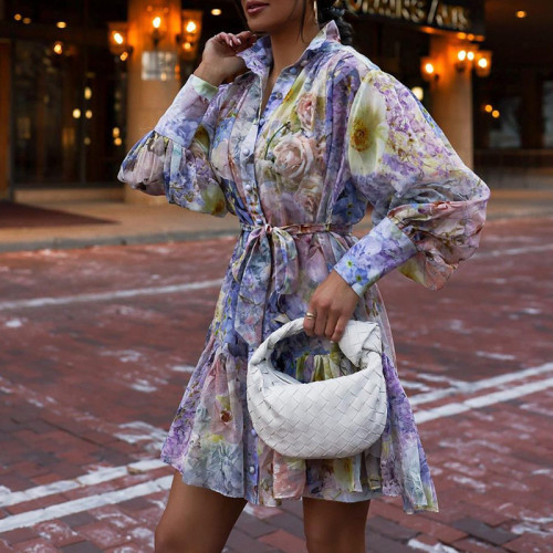 Stand Collar Long Sleeve Printed Shirt Dress