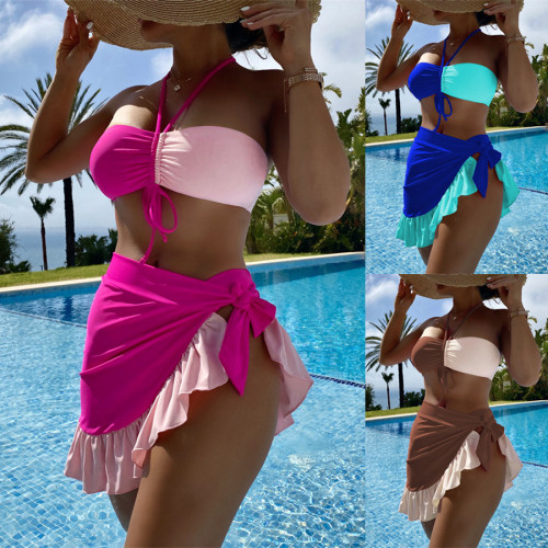Three-piece Swimsuit Colorblock Bikini Women's Swimsuit Ruffled Bikini Swimwear