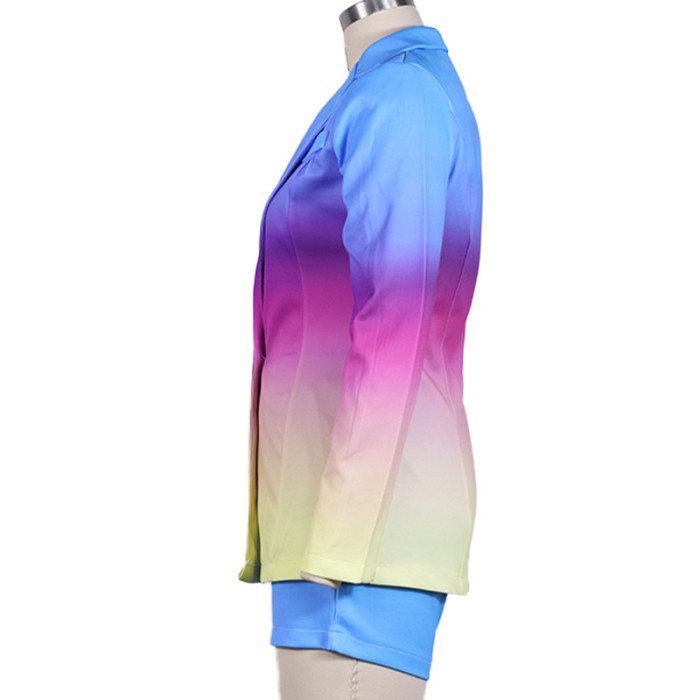 Fall Fashion Print Long Sleeve Blazer And Shorts Two Piece Set