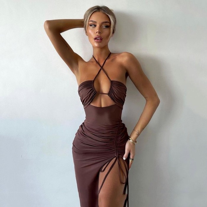 Sexy High Split Wrinkled Neck Hanging Style Dress