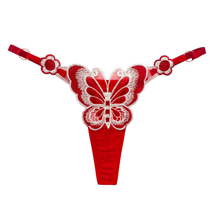 Women Butterfly Embroidery Mesh Thongs Adjustable G-string