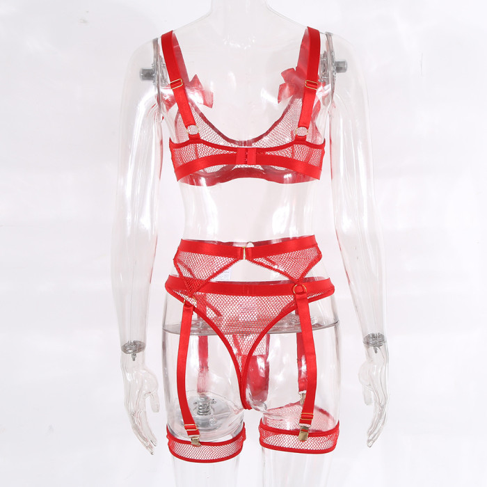 See-Through Bow Mesh Carter Bra And Panty Lingerie Set