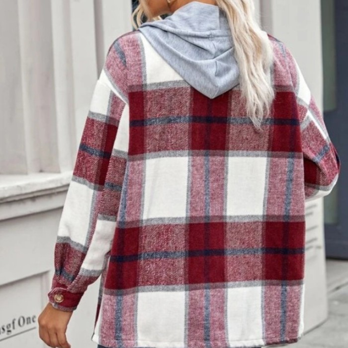 Women Flannel Plaid Hooded Woolen Coat
