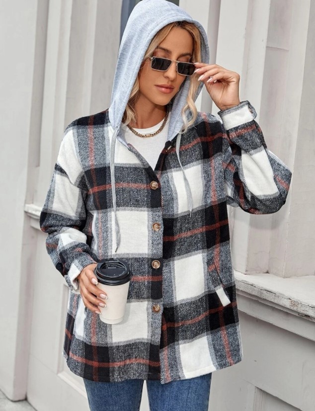 Women Flannel Plaid Hooded Woolen Coat