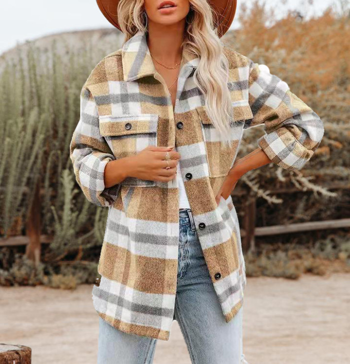 Autumn and Winter Long Sleeve Loose Plaid Shirt Flannel Coat