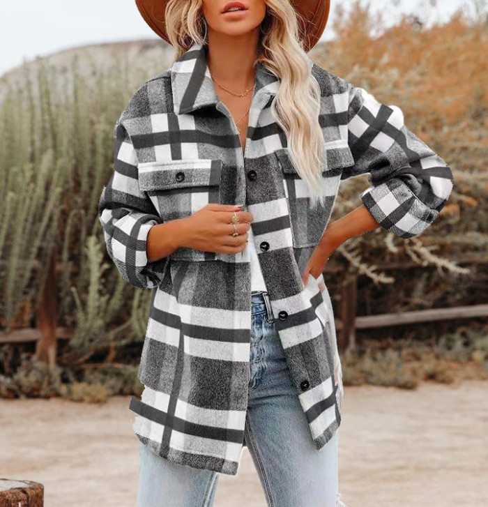 Autumn and Winter Long Sleeve Loose Plaid Shirt Flannel Coat