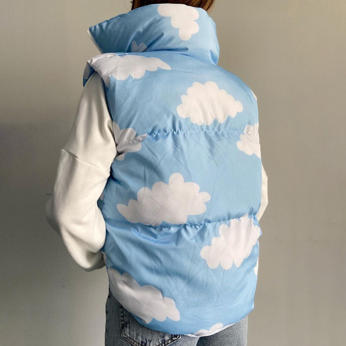 Autumn and Winter Cloud Print Stand Collar Short Thickened Warm Vest