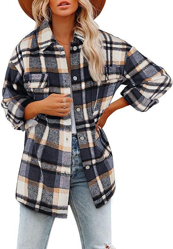 Autumn and Winter Long Sleeve Loose Plaid Shirt Flannel Coat